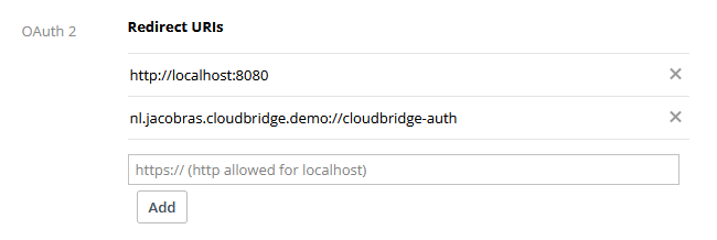 Screenshot of Dropbox App Console showing the redirect URIs section