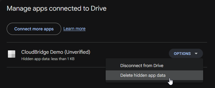 Screenshot of Google Drive Manage Apps screen