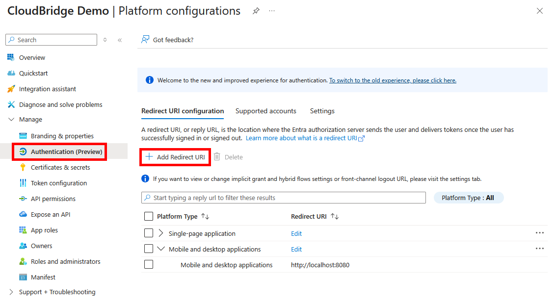 Screenshot of OneDrive Portal showing where to specify redirect URIs
